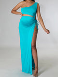 Momnfancy Blue Oblique Shoulder Drawstring Side Slit Cut Out Babyshower Maternity Maxi Dress