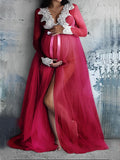 Momnfancy Lace Grenadine V-neck Split Front Robe Photography Props Maternity Photoshoot Maxi Dress