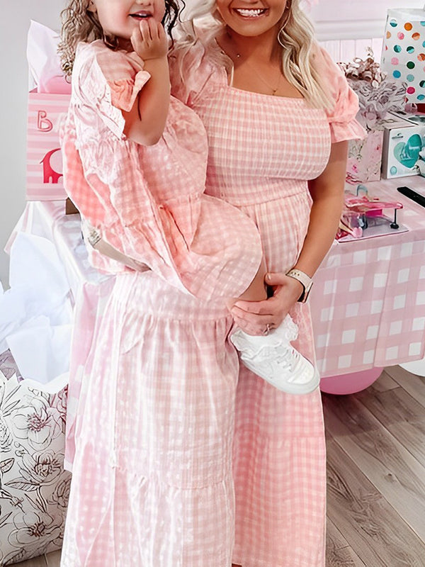 Momnfancy Pink Plaid Square Neck Puff Sleeve Backless Baby Shower Party Maternity Maxi Dress