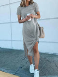 Momnfancy Knot Side Slits Round Neck Short Sleeve Casual Maternity Maxi Dress