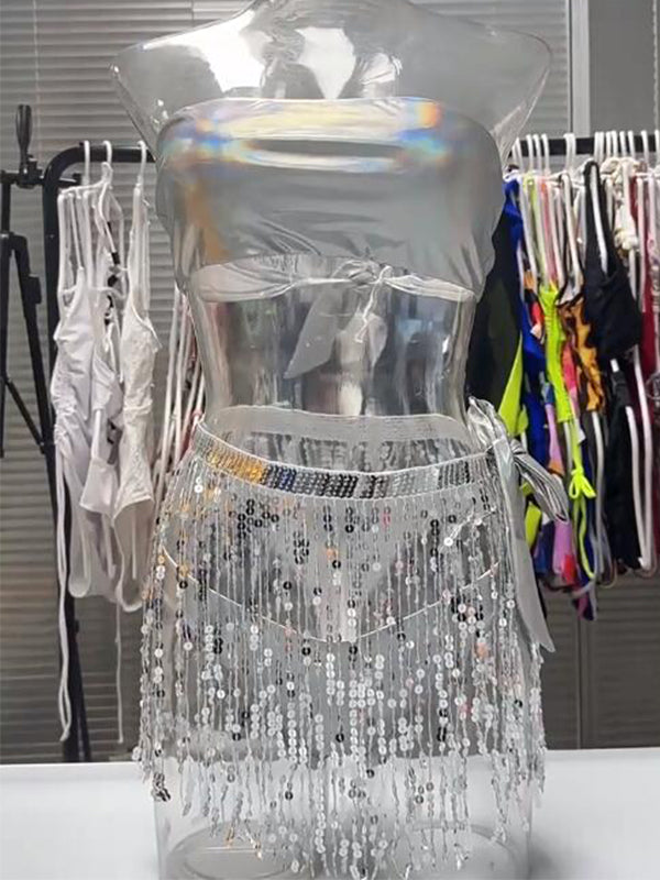 Momnfancy Sparkly Sequin Tassel Tie Back Crop Photoshoot Bikinis Maternity Swimwear