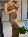 Momnfancy Brown Spaghetti Straps U-neck Sleeveless Bodycon Cami Basic Maternity Daily Going Out Maxi Dress