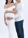 Momnfancy White Solid Color Off Shoulder Elegant Photoshoot Baby Shower Maternity Bodycon Romper Jumpsuit